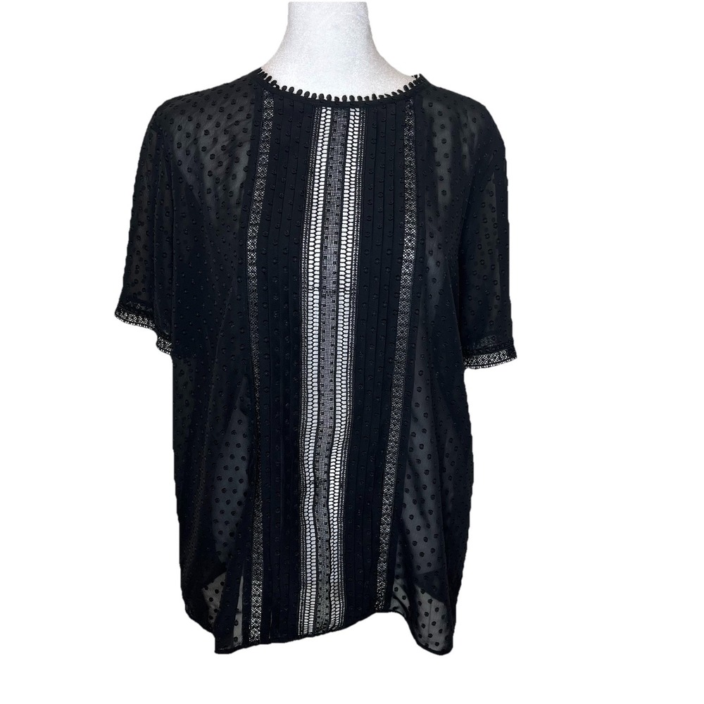 Ann Taylor Women's Black Polka Dot Stripes Semi-Sheer Swiss Dot Medium Blouse